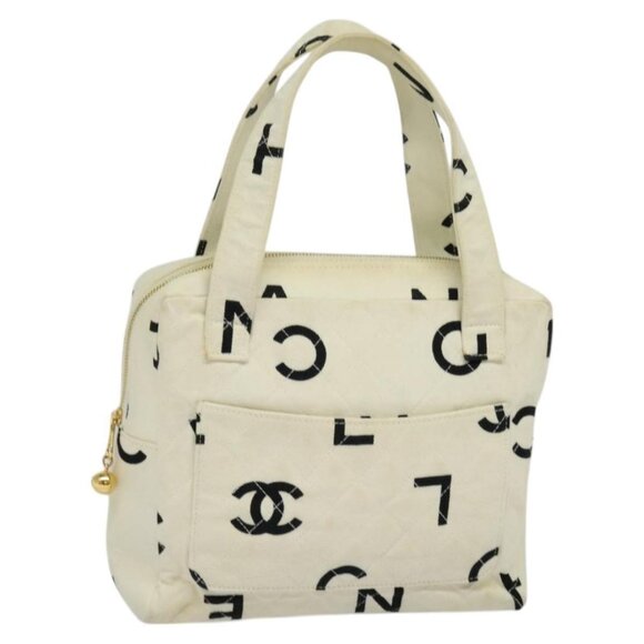 CHANEL Hand Bag Canvas White Black CC Auth 123833 - Picture 1 of 16
